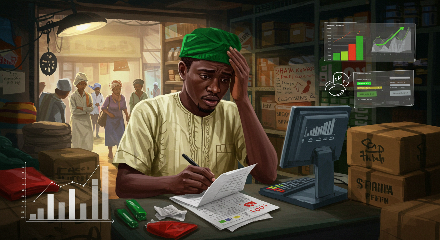A Nigerian retailer in a small, cluttered shop, manually recording sales in a ledger while looking overwhelmed.